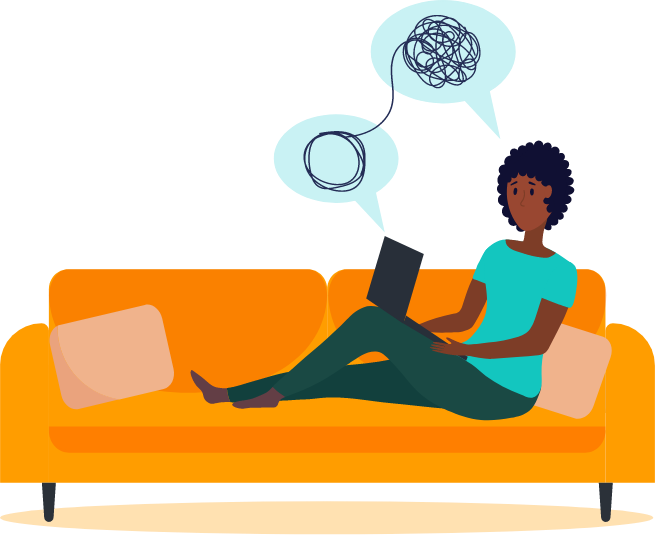 Ilustração de mulher sentada no sofá usando notebook